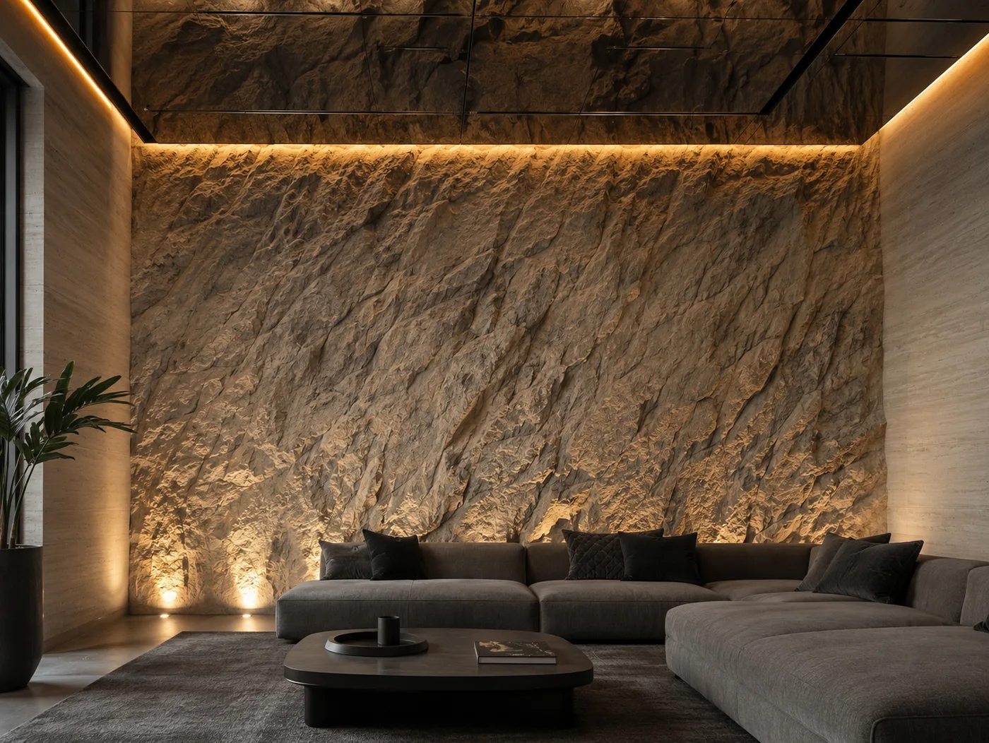 Step 4 — Sealed handover: finished hand-sculpted artificial rock wall in a Dubai villa